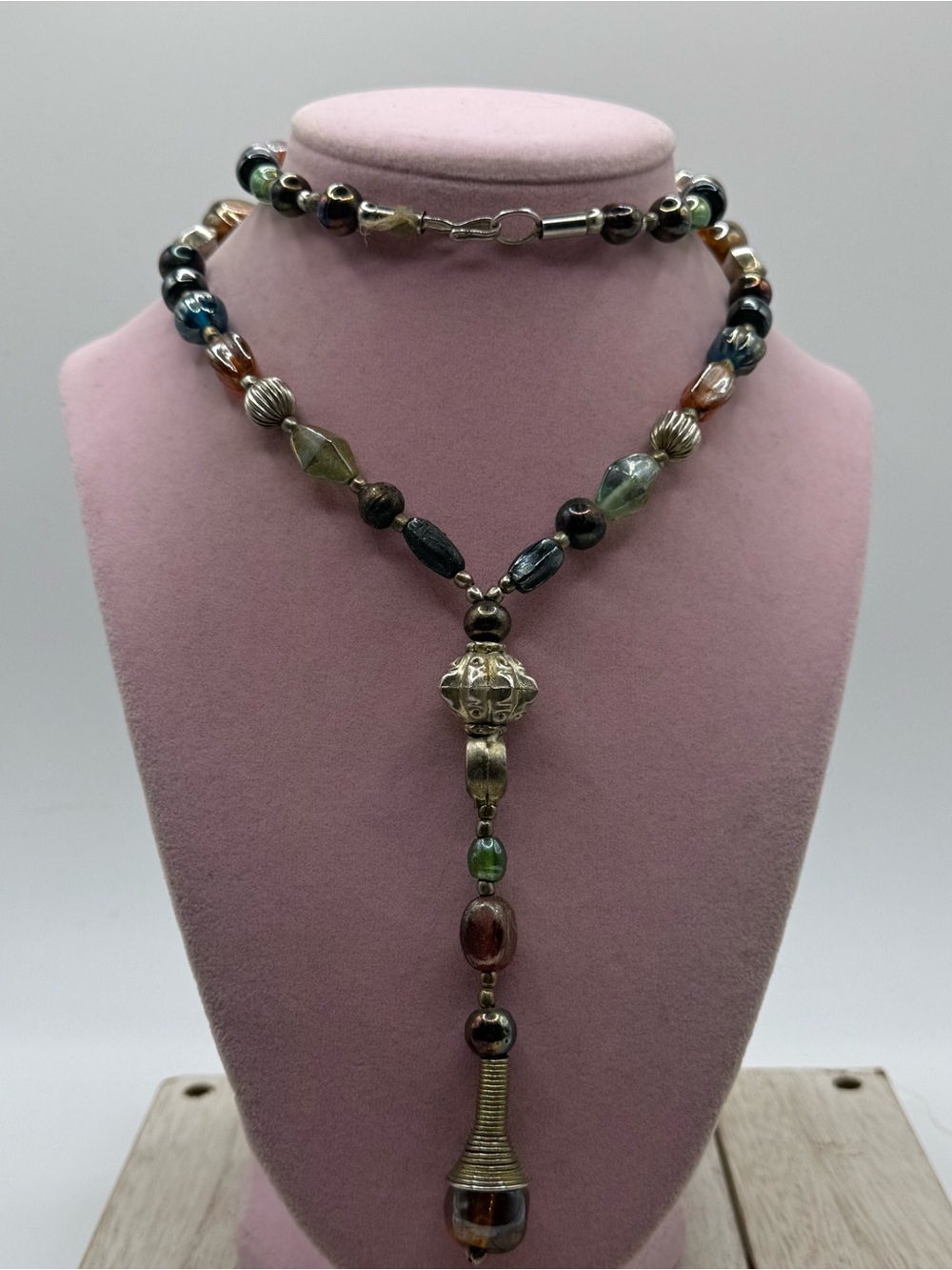 Multicolor Glass Bead Y-Drop Necklace with Silver Accents